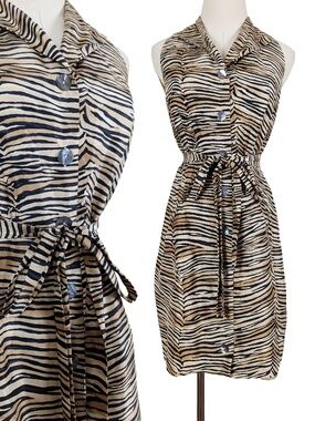 SilkLand 100% Silk Button Up Midi Dress Animal Print Size Small Cream Black